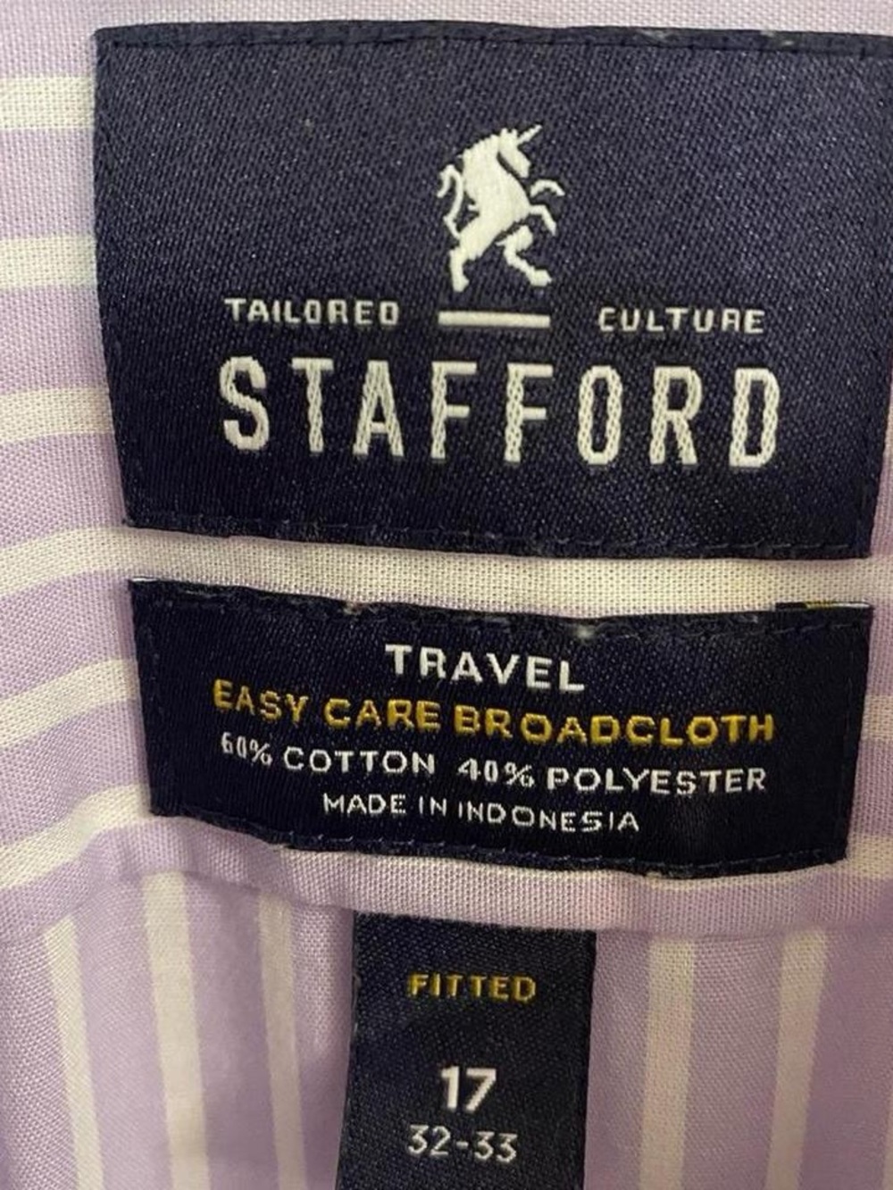 Stafford Men’s Purple White Striped Dress Shirt Size 17 32/33 Fitted‎ Easy Care - Picture 4 of 7